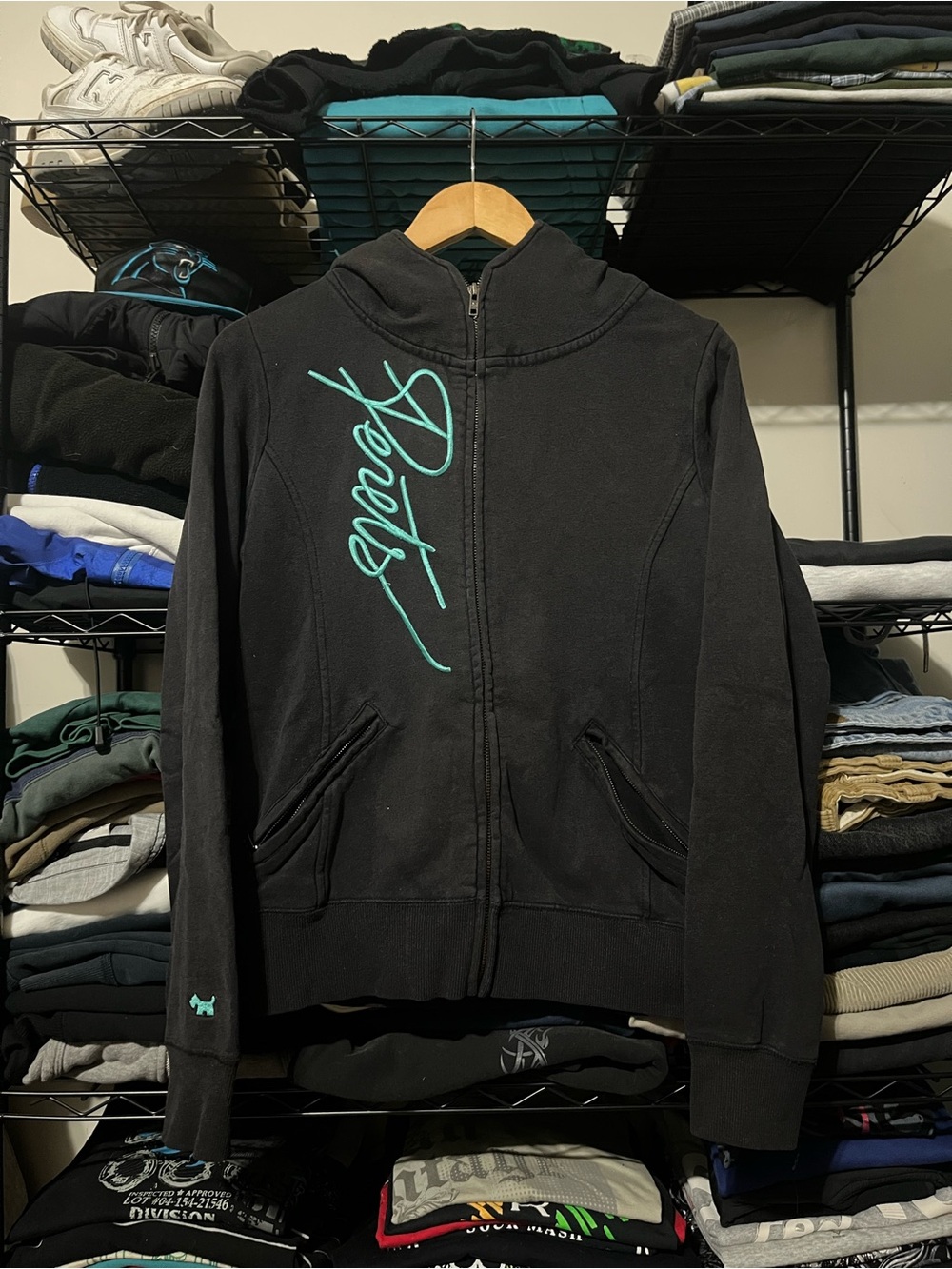 Black Zip-Up Hoodie with Teal Script Accent